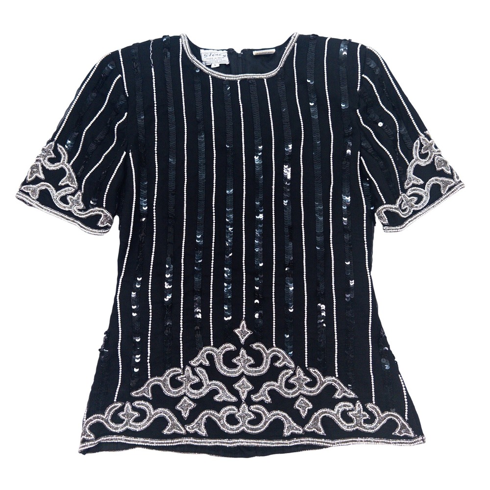 Stenay Vintage Silk Beaded Sequin‎ Top Blouse Black Silver Party Cocktail Size S